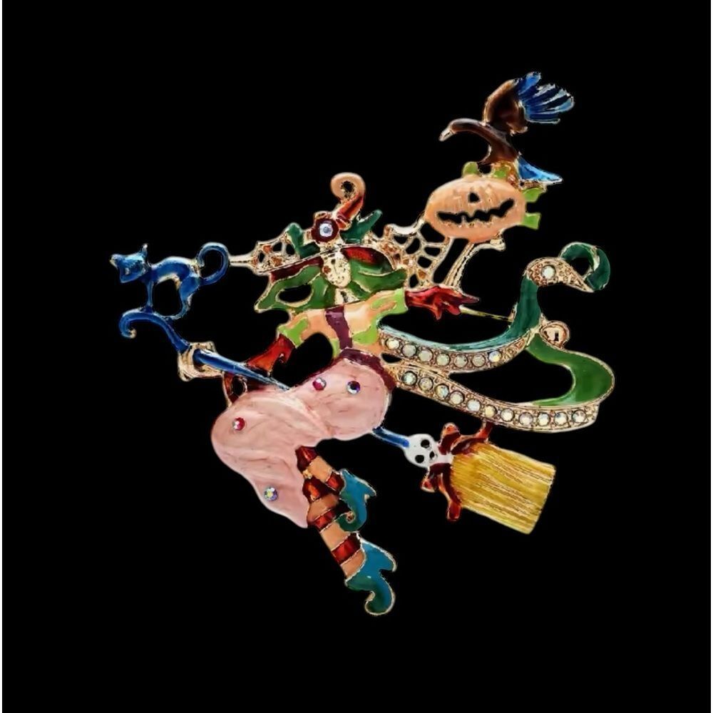 COLORFUL WITCH ON BROOM BROOCH